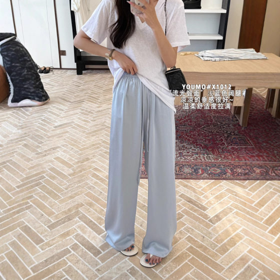 YOUMO X1012 Summer 2025 New Acetic Satin Embossed Casual Pants Loose Casual Pants Wide Leg Pants