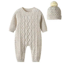 跨境童装春秋新款欧美婴儿毛衣连体衣彩棉针织菱格哈衣毛球帽爬服