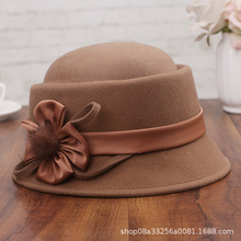 帽子女秋冬优雅立体花朵羊毛呢盆帽韩版时尚中老年礼帽气质妈妈帽