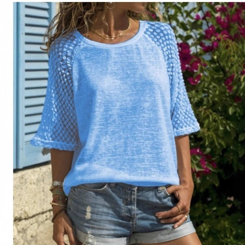Large Stock Available 2026 Aliexpress Wish Amazon Hot-Selling New European and American Lace Patchwork Round Neck Three-Quarter Sleeve