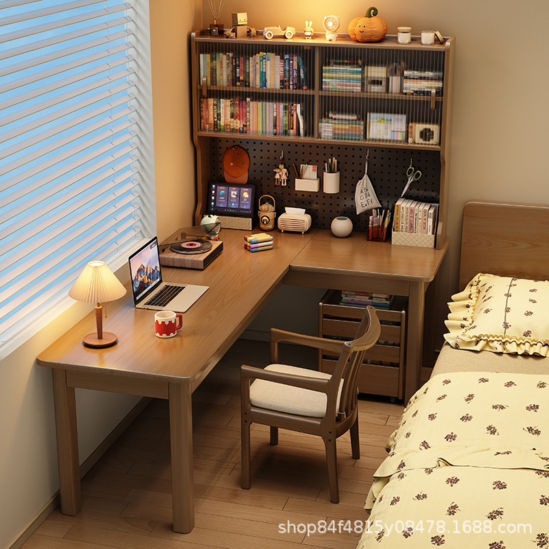 Primary School Student Desk Home Solid Wood Study Table Children's Writing Desk with Bookshelf Integrated Computer Desk for Junior High School Students