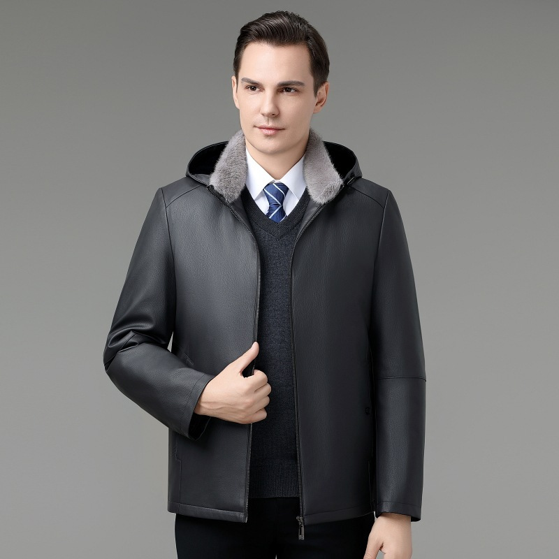 真皮羽绒服男连帽皮衣外套加厚短款男士冬季皮夹克爸爸冬装上衣