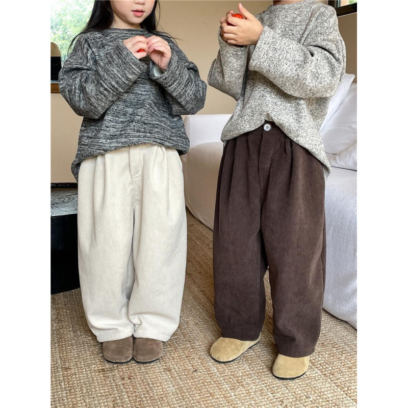 어린이 바지 2024 겨울 세트 어린이 원피스 벨벳 코듀로이 바지 따뜻한 기모 소년 소녀를위한 캐주얼 바지
