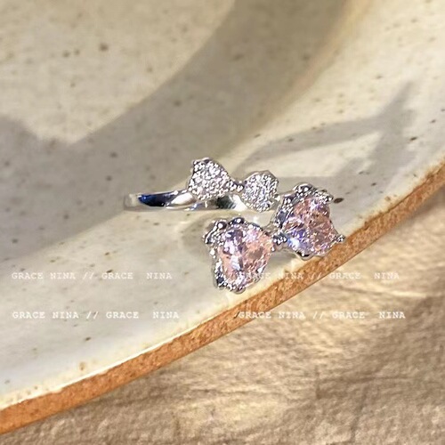 So sweet!  Pink Diamond Bow Ring Women's Light Luxurious Temperament Index Finger Ring Niche Design High-end Fashion Pair Ring