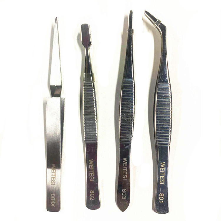 卫特斯 808-389不锈钢镊子尖头 扁头 弯头反弹防弹反向镊子四把