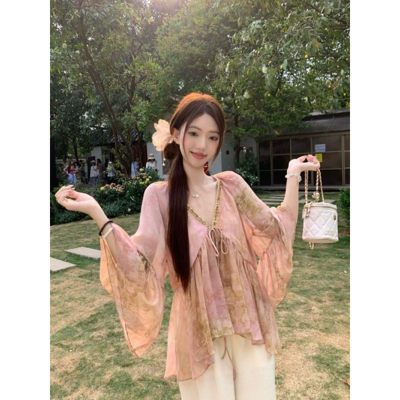 Атмосферная шифоновая рубашка с длинными рукавами и цветочным принтом для женщин, весна и лето 2025, новый тонкий солнцезащитный топ в корейском стиле с v-образным вырезом