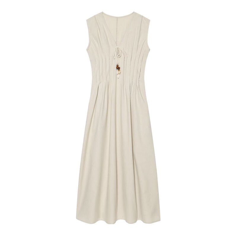 Pb&Za Foreign Trade Women's Clothing Sleeveless V-Neck Solid Color Ruffled Beaded Mid-Length Midi Dress 215706 Pb&Za Foreign Trade Women's Clothing Sleeveless V-Neck Solid Color Ruffled Beaded Mid-Length Midi Dress 215706