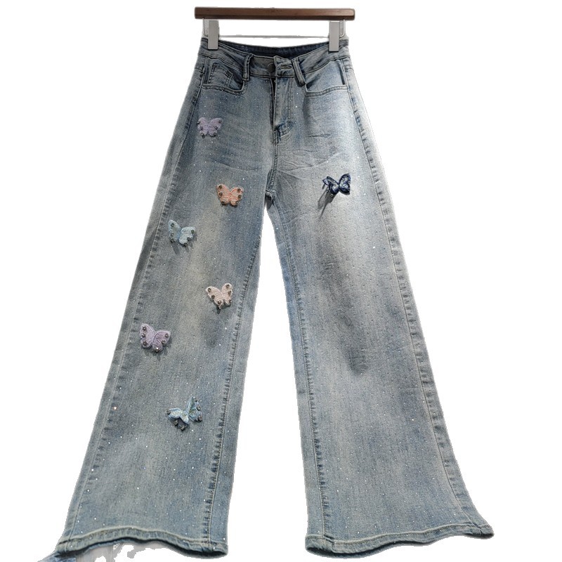 Jeans de Pierna Ancha y Tiro Alto para Mujer con Bordado de Mariposa 3D image 5