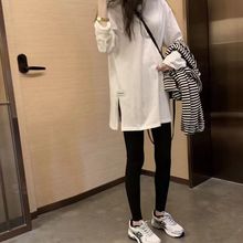 开叉内搭长袖T恤女大白体桖打底衫中长款上衣宽松春秋冬薄款
