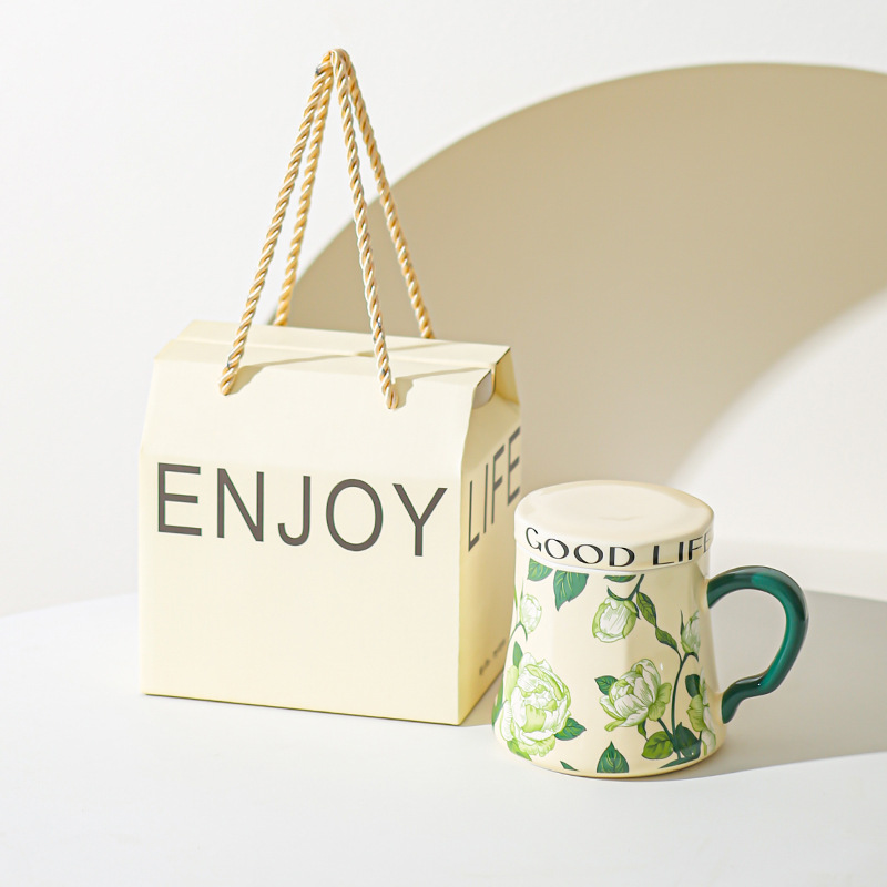 Taza de agua de cerámica de orquídea de campana, taza de café de gran capacidad, taza de desayuno con tapa de diseño, taza de café