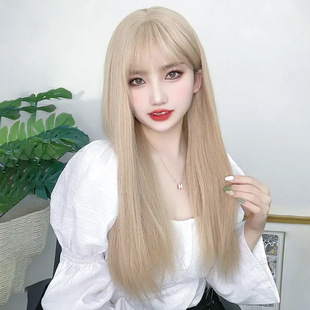 Tiktok Europe and the United States new white gold long hair net red with simulation air bangs long straight wig headgear wholesale