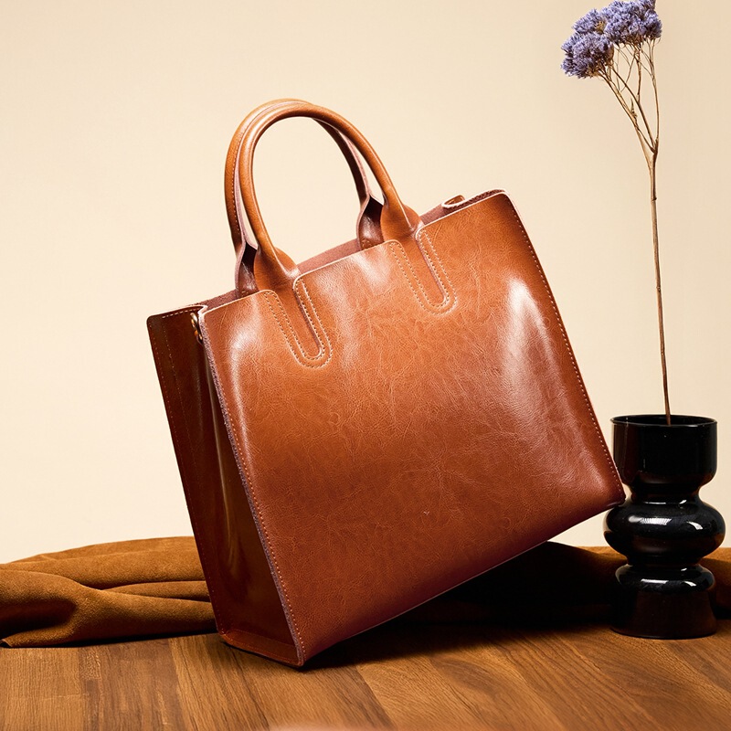 Cross-Border Versatile Waxed Cowhide Leather Shoulder Tote Bag, New Genuine Leather Laptop Bag for Women, Large Capacity Handbag