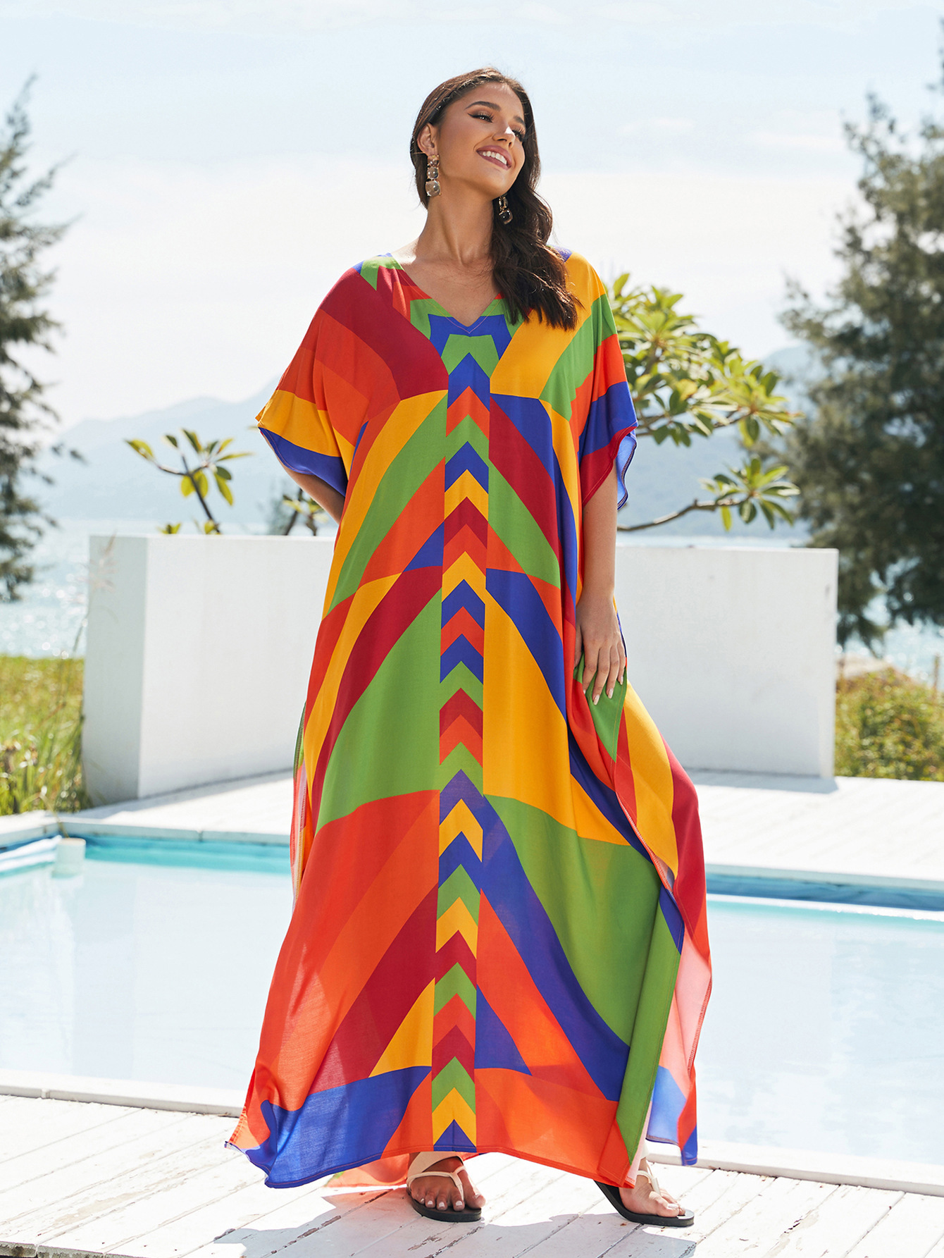 Rochie de plajă lungă kimono dama boho viscoză tie-dye_voghion.com
