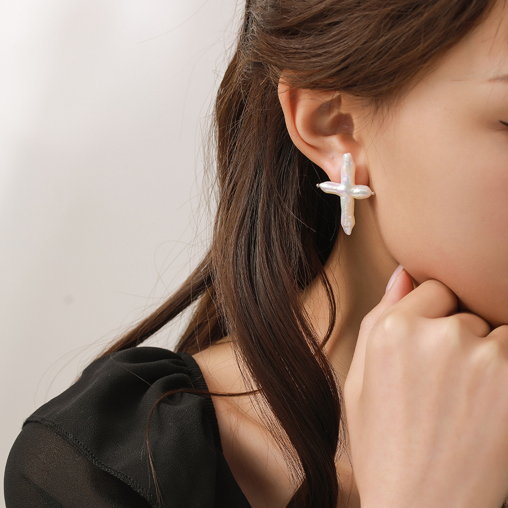 Personalized European-style Cross Earrings with Natural Freshwater Pearls and 925 Sterling Silver Pins