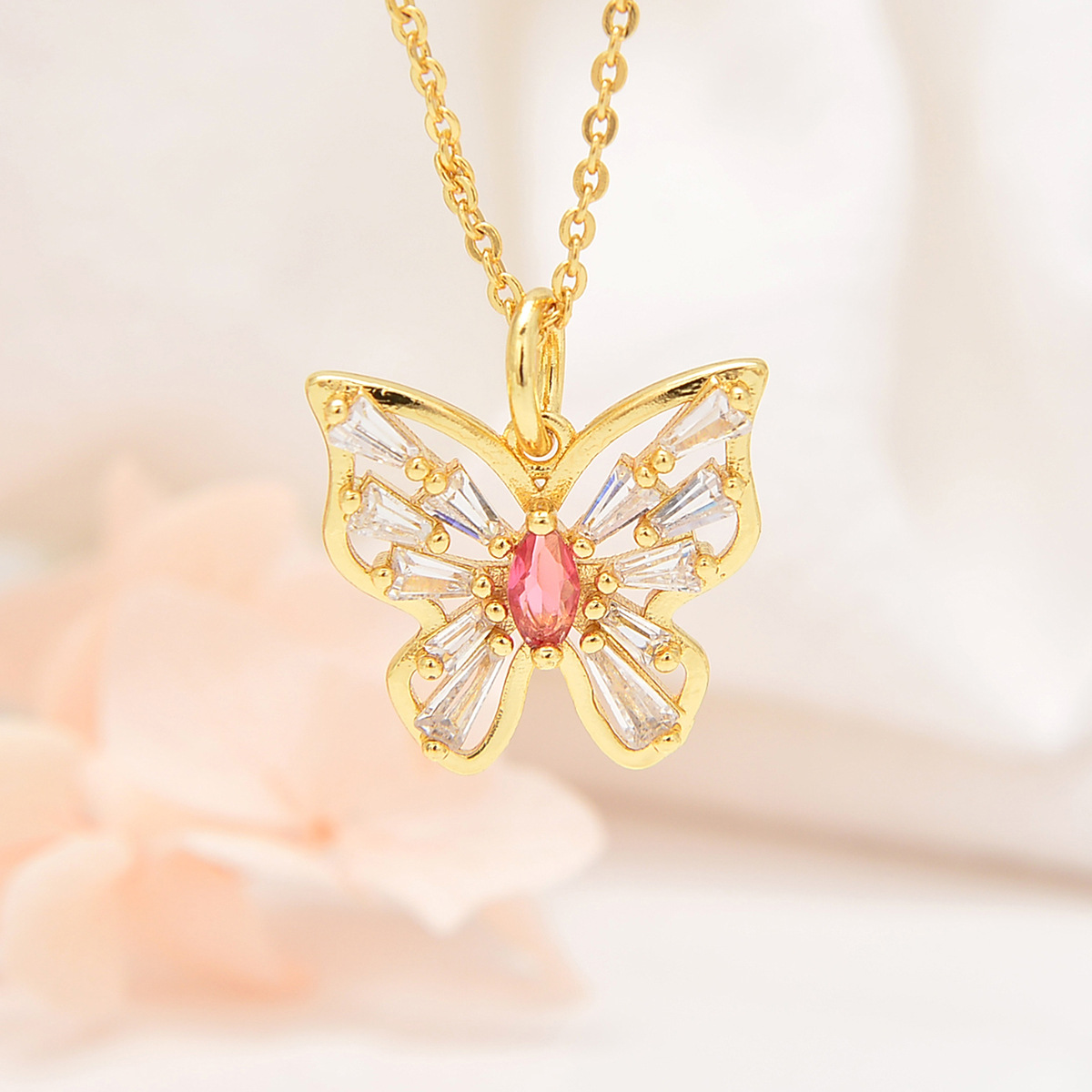 Butterfly Pattern Copper Inlay Butterfly Rhinestones Pendant Necklace