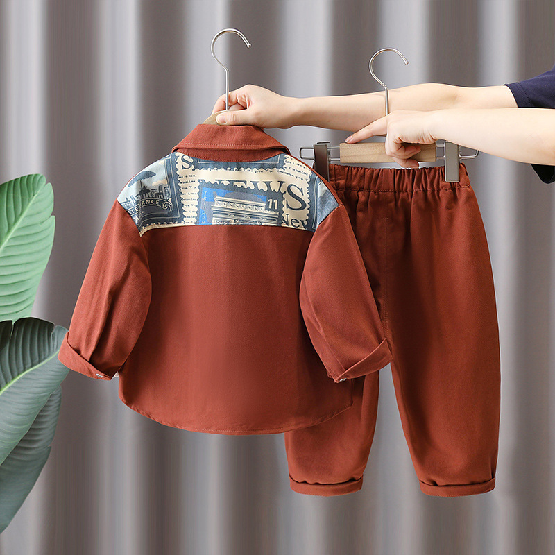 6355 Traje de camisa para niños 2025 nueva ropa de primavera y otoño, chaqueta de costura para niños y niños de moda, hermoso traje de dos piezas de otoño