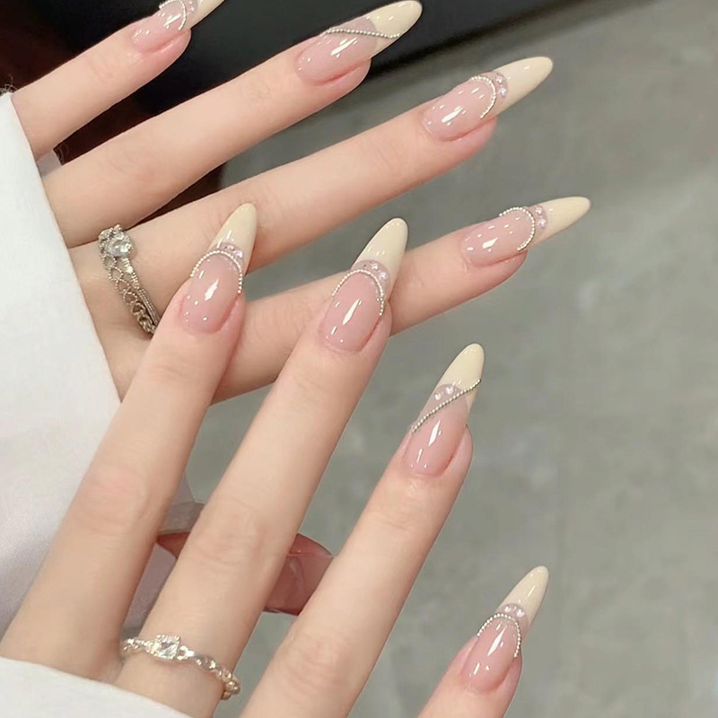 Sweet nude bridal armour French bead chain temperament nail art patch long almond armour hand-worn armour finished product