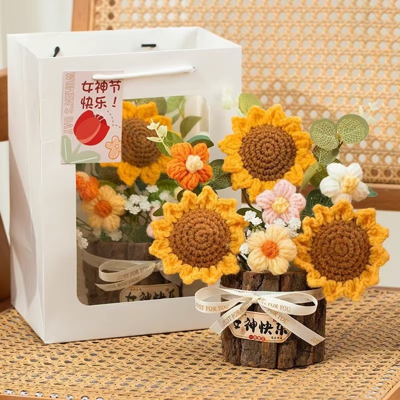 バレンタインデーギフト ひまわり バラ 編み物 木製飾り 編み物糸 企業団体購入ギフト|undefined