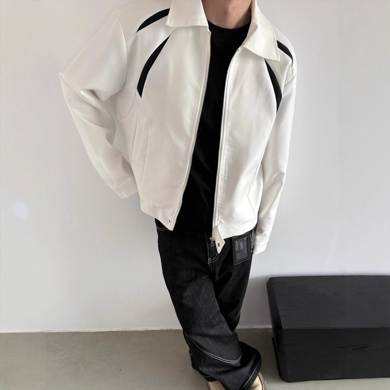 Black and White Patchwork Jacket by Zhenmei, American Style Versatile Cleanfit Patchwork Design Short Wide Jacket