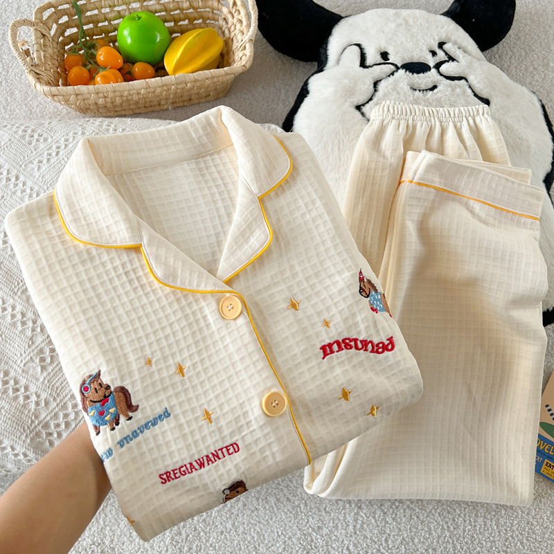 Korean Style Ins Style Casual Waffle Plaid Embroidered Cartoon Air Cotton Pajamas Women's Sweet Home Wear Set Wholesale
