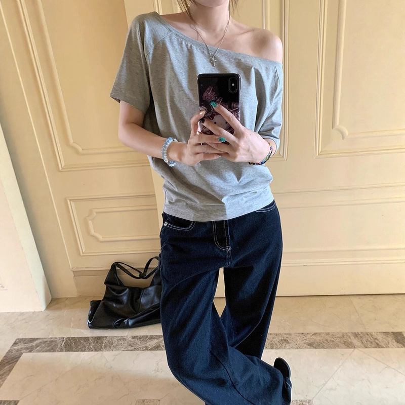 Craftsman One Cross-Border Asymmetrical Off-Shoulder Two-Way Short Sleeve T-Shirt for Women 2026 Spring/Summer New Korean Style Casual Base Shirt Trend Craftsman One Cross-Border Asymmetrical Off-Shoulder Two-Way Short Sleeve T-Shirt for Women 2026 Spring/Summer New Korean Style Casual Base Shirt Trend