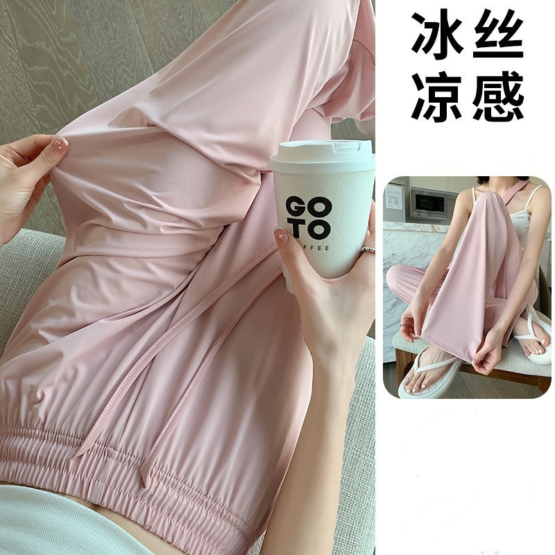 夏用の女性用ナローアイスシルク日焼け止めパンツ、薄いハイウエスト、涼しいワイドレッグパンツ、ストレートパンツ、カジュアルパンツ|undefined