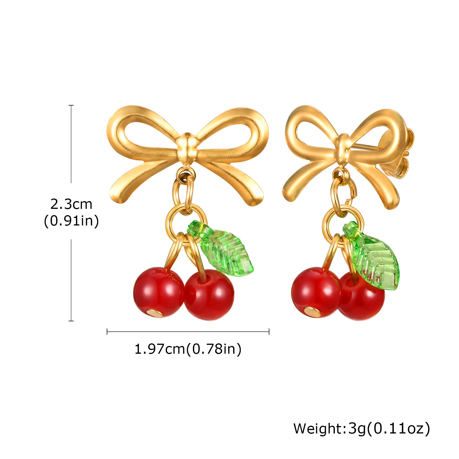 5g Weight 304 Stainless Steel Ear Needle Material 1 Pair IG Style Sweet Cherry Bow Knot Plating 304 Stainless Steel Resin Drop Earrings