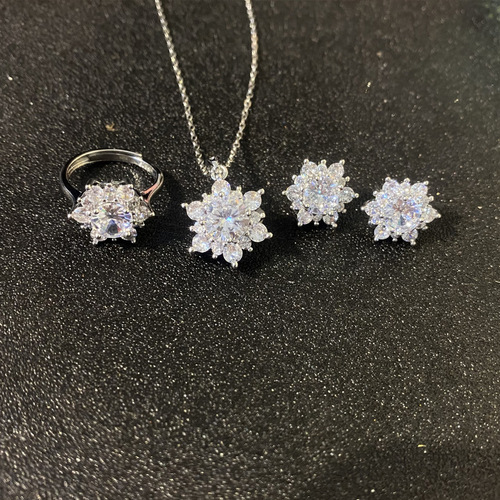 Xiaohongshu Recommended Live Streaming Sunflower Necklace Set with Flowers Petals Micro-Set Full Diamond Open Ring Earrings