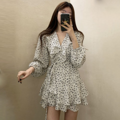 韓国のchi春の新型の不規則なハスの葉の辺の花のワンピースの女性の大衆の気質のvネックのスカートのスカートのスカート