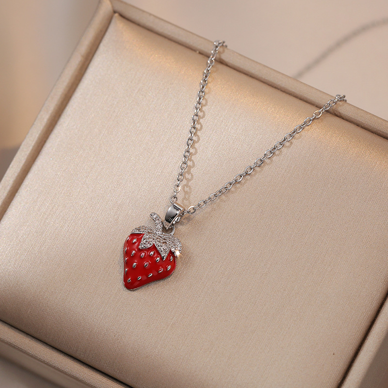 Fruit Pattern Women's Gender Wholesale Jewelry Sweet Fruit Titanium Steel Diamond Pendant Necklace