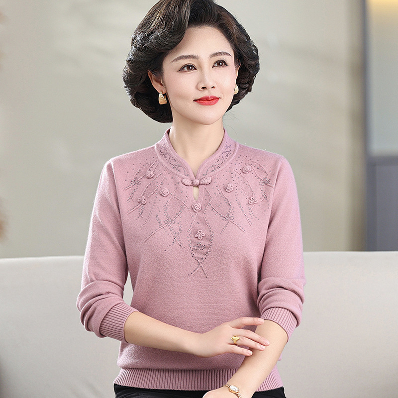 Middle-aged and Elderly Women's Autumn Fashion Guofeng Loose Age-reducing Sweater Mother's Autumn Western-style Cheongsam Collar Knitted Base Shirt