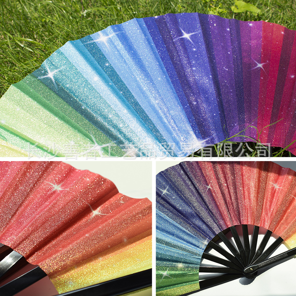 En stock 33cm Kung Fu ventilador sonido ventilador plástico hueso Arco Iris brillo Kung Fu ventilador plegable