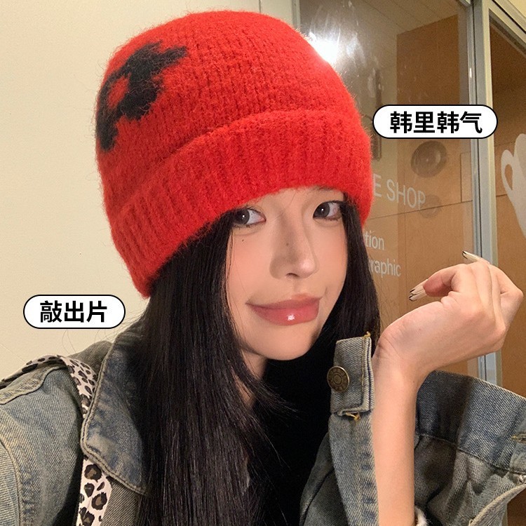 甜美可爱小花针织帽冬天帽子女显脸小包头帽防风保暖时尚百搭冷帽|undefined
