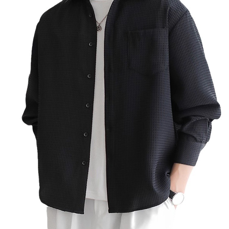 Versión coreana de la camisa de textura para hombres, estilo ligero cocido, suelto, manga larga, suave, ceroso, transpirable, camisa fresca, ropa de trabajo de moda, camisa de pulgadas, marea