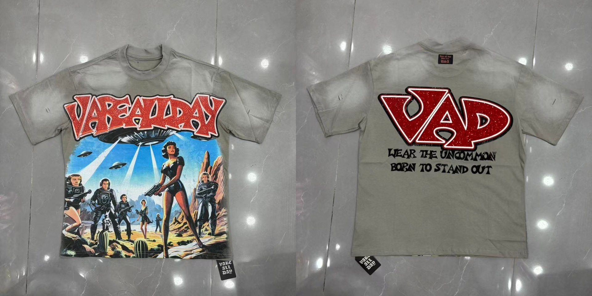 VARE ALL DAY Sci-Fi Graphic Rhinestone T-shirt Grey