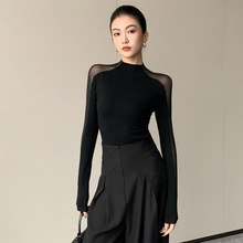 微透网纱拼接黑色上衣女夏季御姐高级新款小衫紧身别致长袖t恤潮
