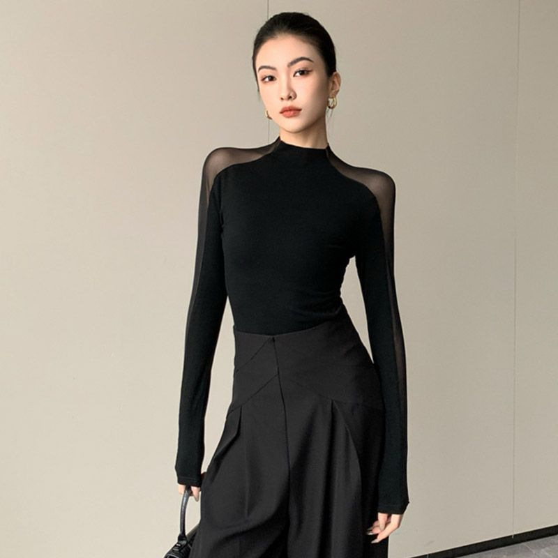 微透网纱拼接黑色上衣女夏季御姐高级新款小衫紧身别致长袖t恤潮