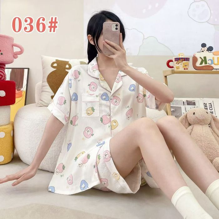 Venta al por mayor transfronteriza de punto caliente verano pantalones cortos de manga corta pijamas rebeca de mujer solapa linda nube de dibujos animados algodón servicio a domicilio