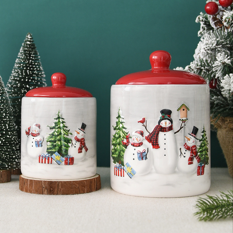 Nórdico de Navidad muñeco de nieve redondo sellado tarro grande de cerámica tarro de merienda creativo regalo de Navidad tarro de almacenamiento