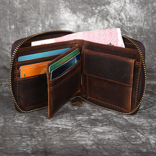 Amazon Best-Selling Fashion Leather Men's Wallet Horizontal Genuine Leather Zipper Purse Three-Fold Retro Cowhide Bag 