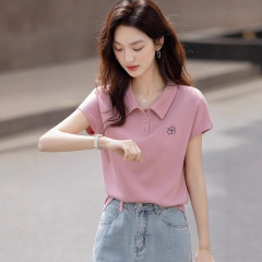 2025 夏インテリジェント小さなフライングスリーブポロカラーボトリングシャツ花刺繍女性の Tシャツ高品質ニットトップ