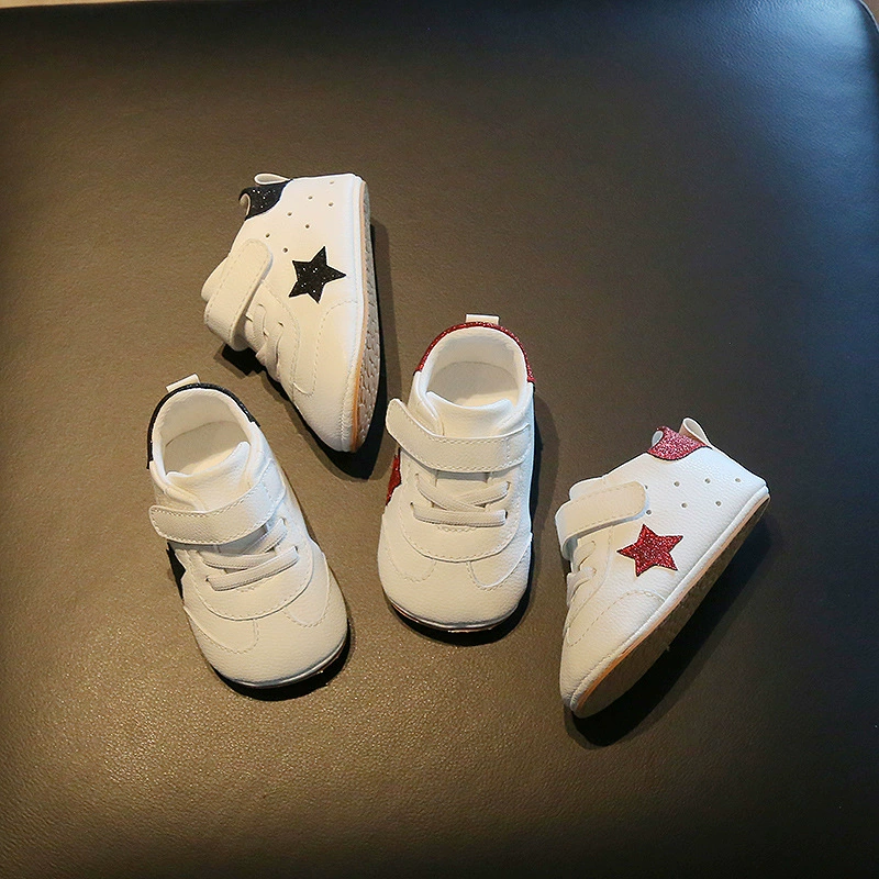 Детская обувь на мягкой подошве 3-6-12 месяцев, обувь на ступеньках, дышащая обувь из искусственной кожи, Звездный крючок и петля, мягкая резиновая подошва, маленькие белые туфли
