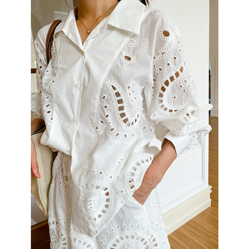 2025 primavera nuevo estilo camisa bordada francesa diseño de manga larga sentido de las mujeres europeas y americanas transfronterizas mujeres estilo señoras camisa blanca