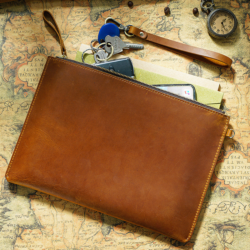 First-Layer Cowhide Leather Computer Bag, Briefcase, Portable Notebook, iPad File Zipper Bag, Vintage Style