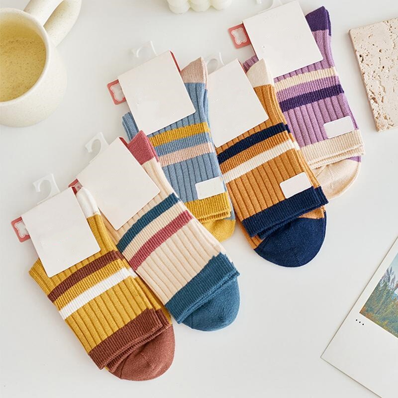 Socks for Women, Mid-Calf, Autumn New Style, Odor-Resistant, Sweat-Absorbent, Color-Blocking, Trendy, Autumn and Winter Versatile Striped Long Socks