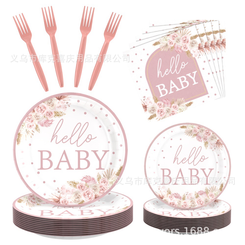 Nuevo plato de fiesta de bautizo de bebé bohemio rosa BABY plato de papel de cumpleaños taza de papel toalla de papel vajilla suministros