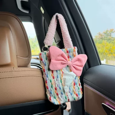 New Plush Car Tissue Bag West Highland Sunflower Small Pendant Car Interior Decoration Seat Back Tissue Box (Car tissue box/set) - color-on-white-background-pink-bow