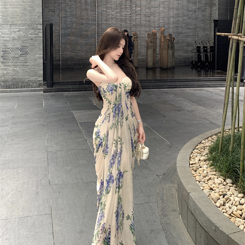 Tea Break French Vintage Floral Sling dress Holiday Style Elegant Beach Dress for Summer