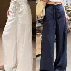 藏青色棉麻阔腿裤女夏季2025新款高腰显瘦宽松垂感慵懒亚麻休闲裤