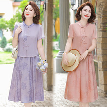 中年妈妈夏装短袖连衣裙时尚洋气中老年女装新中式国风裙子